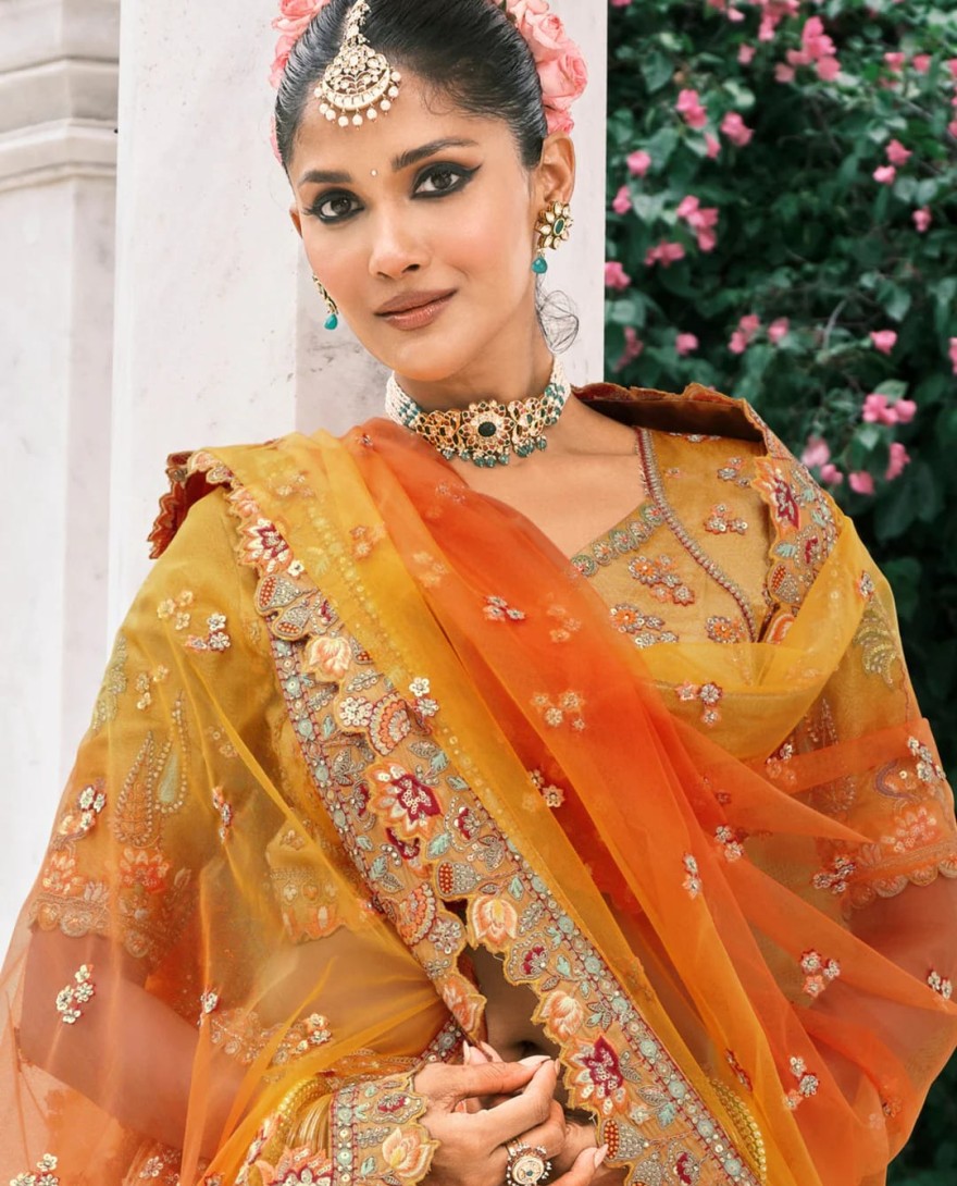 Orange - Cadmium Orange Fancy Silk Lehenga Choli With Cut Work Embroidery Border & Stone Work